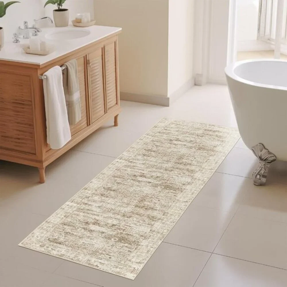 2.5x8ft Non-Slip Kitchen Runner Rug, Washable Low Pile Vintage Rug, Brown/Ivory